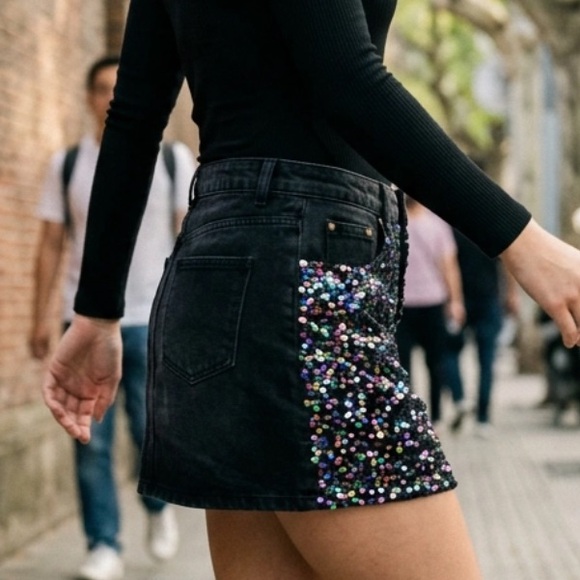 Mustard Seed Sequined Y2K style Denim Miniskirt black MEDIUM NWOT night out chic - Picture 2 of 11